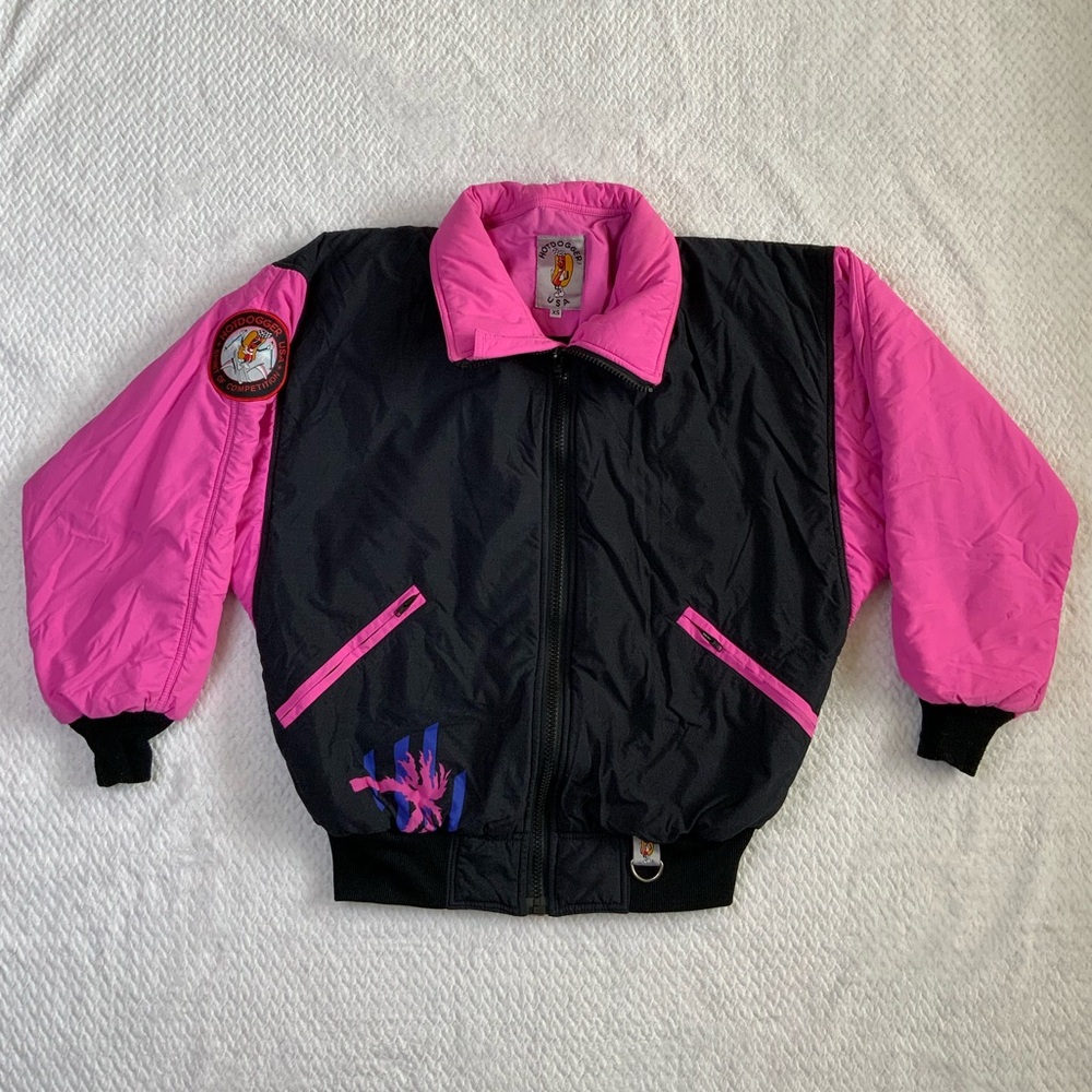Hotdogger pink and black puffer jacket